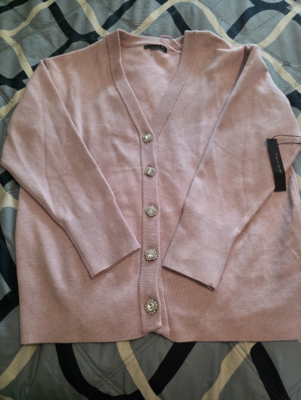 New Tahari Pink Embellished Button Cardigan Sweater